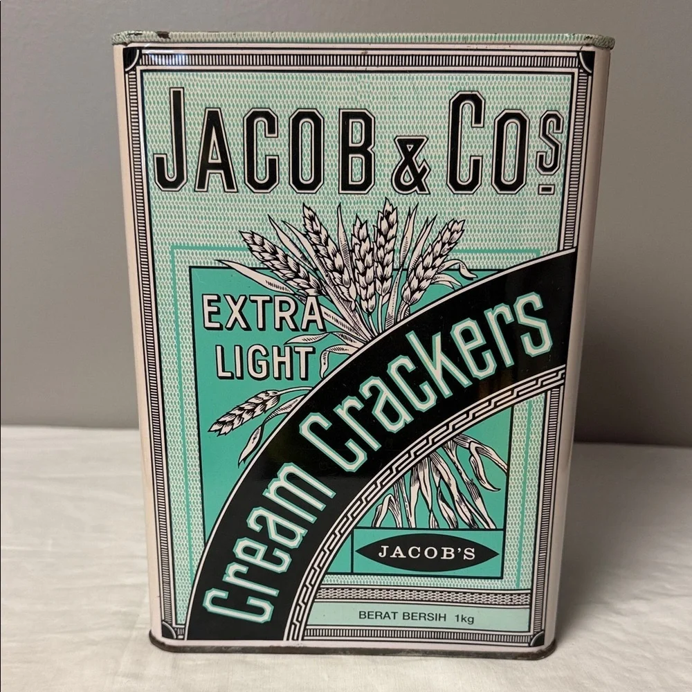 Vintage Jacob & Co Cream Crackers Tin Extra Light Green Advertising 1kg
